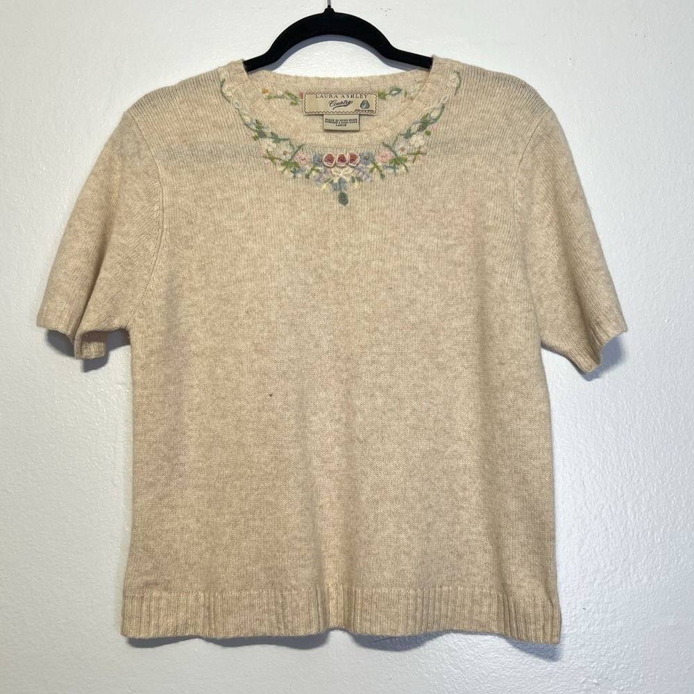 Vintage Laura Ashley country Hand Embroidered Pure Wool Sweater‎ Top Sz L HOLE